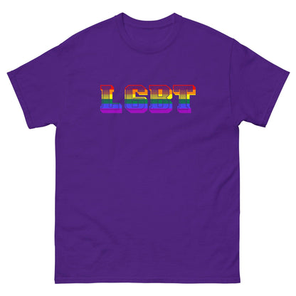 Purple crew-neck T-shirt with rainbow LGBT graphic printed on chest.