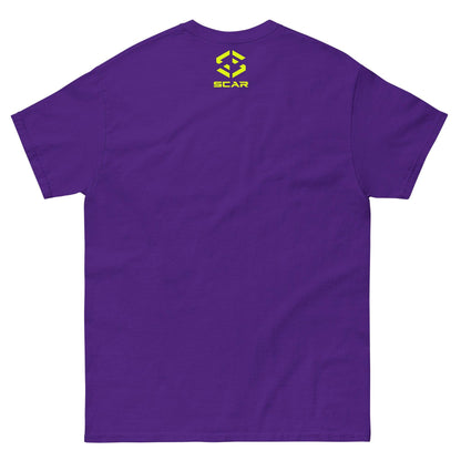Purple crew-neck T-shirt with yellow logo and SCAR chest print