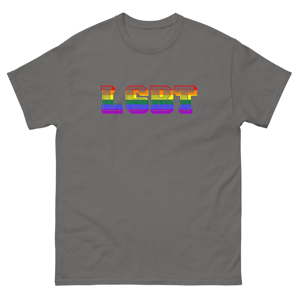 Charcoal crew-neck T-shirt with multicolor LGBT pixel chest graphic