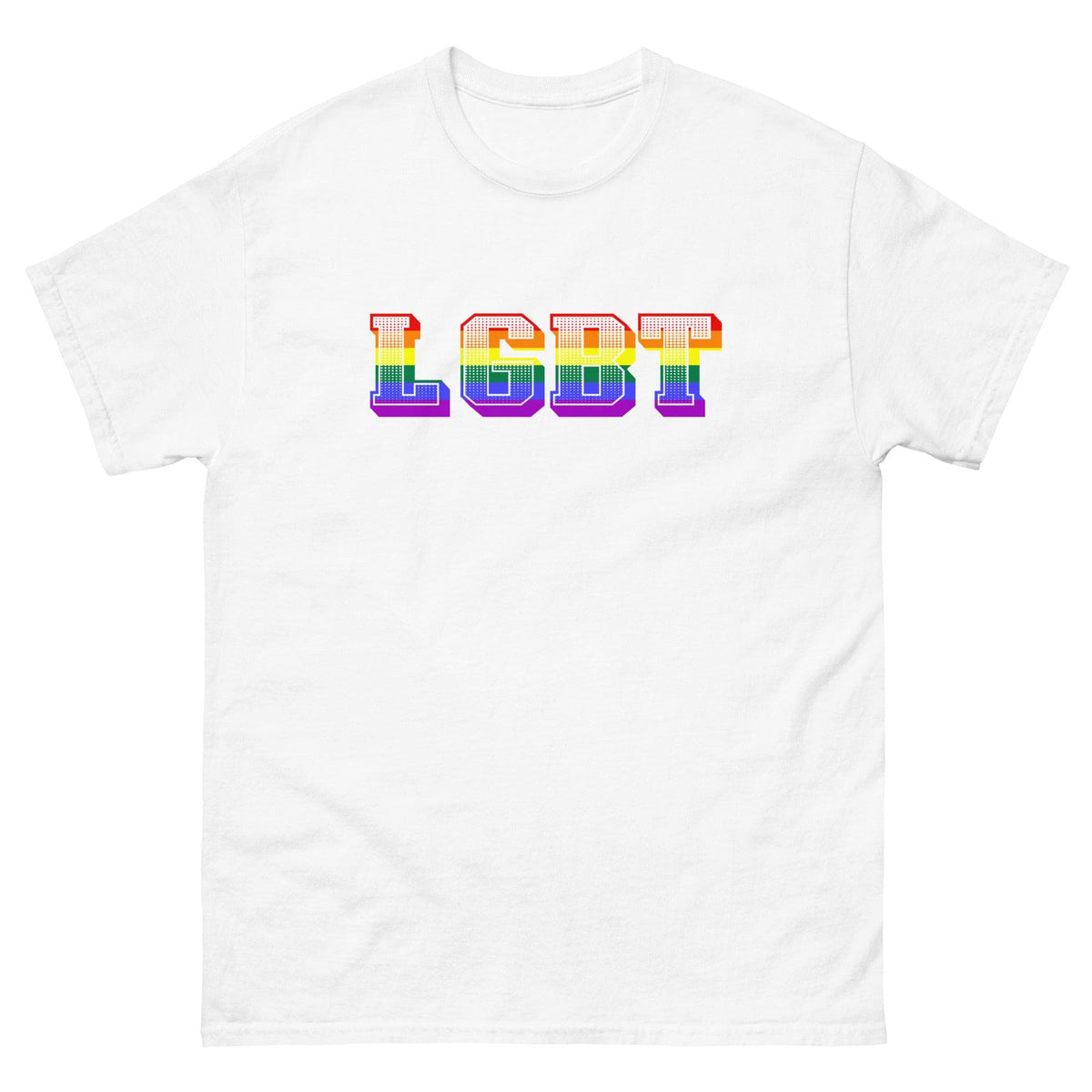 White crew-neck T-shirt with multicolor LGBT pixel chest graphic