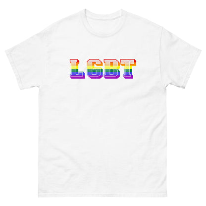 White crew-neck T-shirt with multicolor LGBT pixel chest graphic