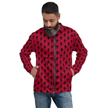 Unisex bomber jacket in red with black lightning pattern, zip front, ribbed hem and cuffs