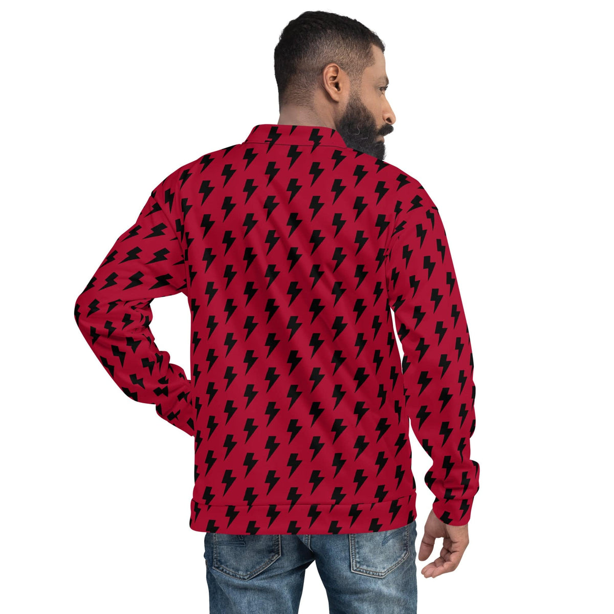 Back view of red and black lightning print bomber jacket with full zip and ribbed hem