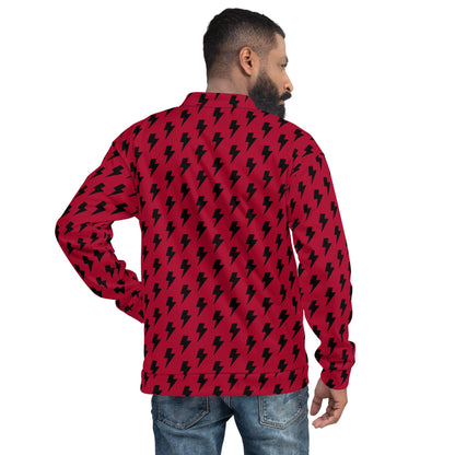 Back view of red and black lightning print bomber jacket with full zip and ribbed hem