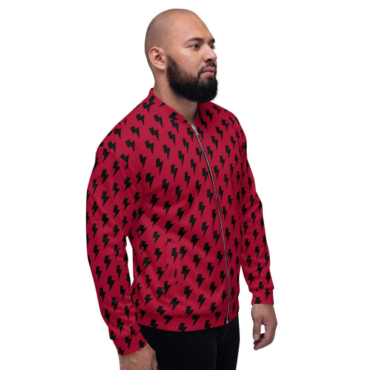 Side view of red and black lightning print bomber jacket with zip front and ribbed cuffs