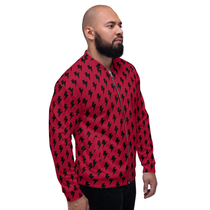 Side view of red and black lightning print bomber jacket with zip front and ribbed cuffs
