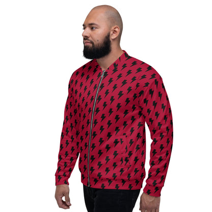 Three-quarter view of red bomber jacket with black lightning pattern, zip front, ribbed hem