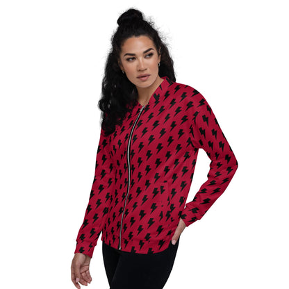 Women’s unisex bomber jacket in red with black lightning print, front zip, ribbed cuffs