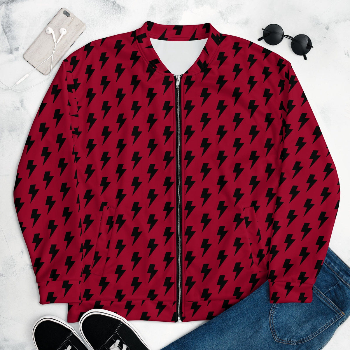 Red and black lightning print unisex bomber jacket, full zip front, ribbed collar and cuffs