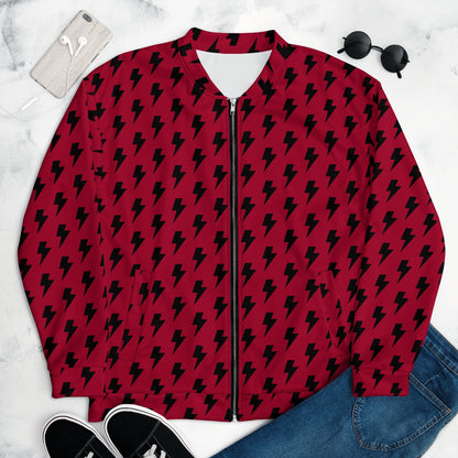 Red and black lightning print unisex bomber jacket, full zip front, ribbed collar and cuffs