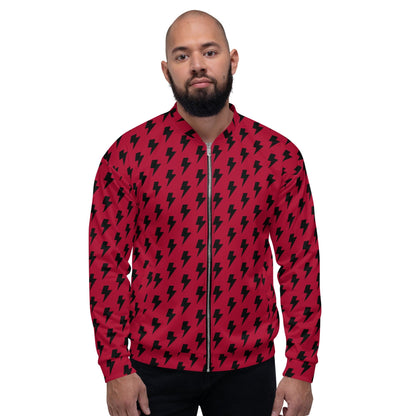 Unisex red bomber jacket with black lightning pattern, front zip closure, ribbed cuffs