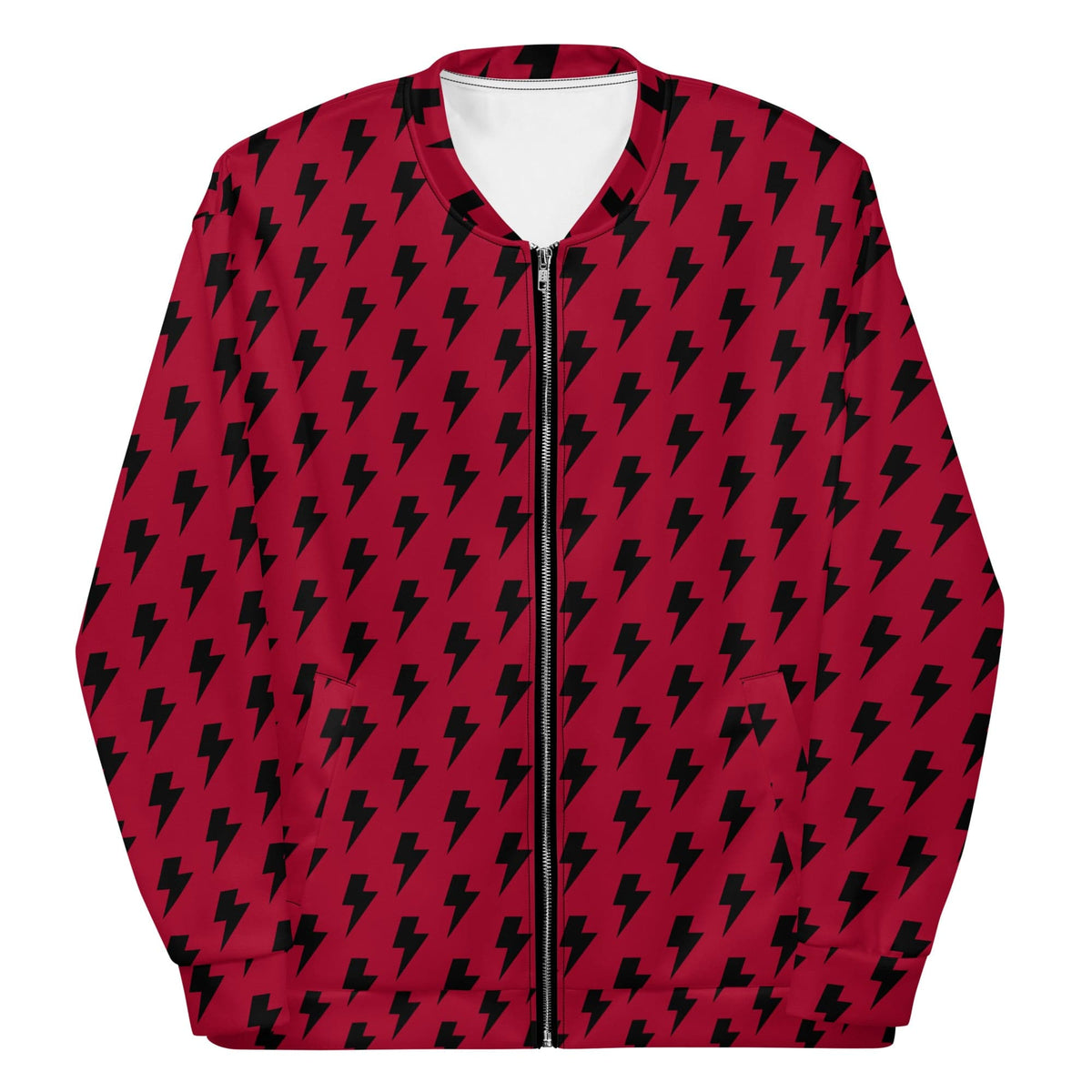 Red and black lightning print bomber jacket, front zip, ribbed V-neck collar and cuffs