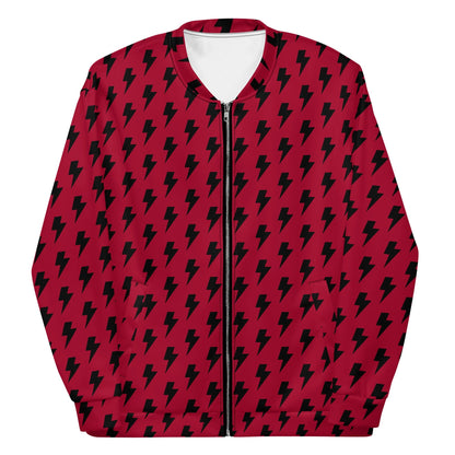 Red and black lightning print bomber jacket, front zip, ribbed V-neck collar and cuffs