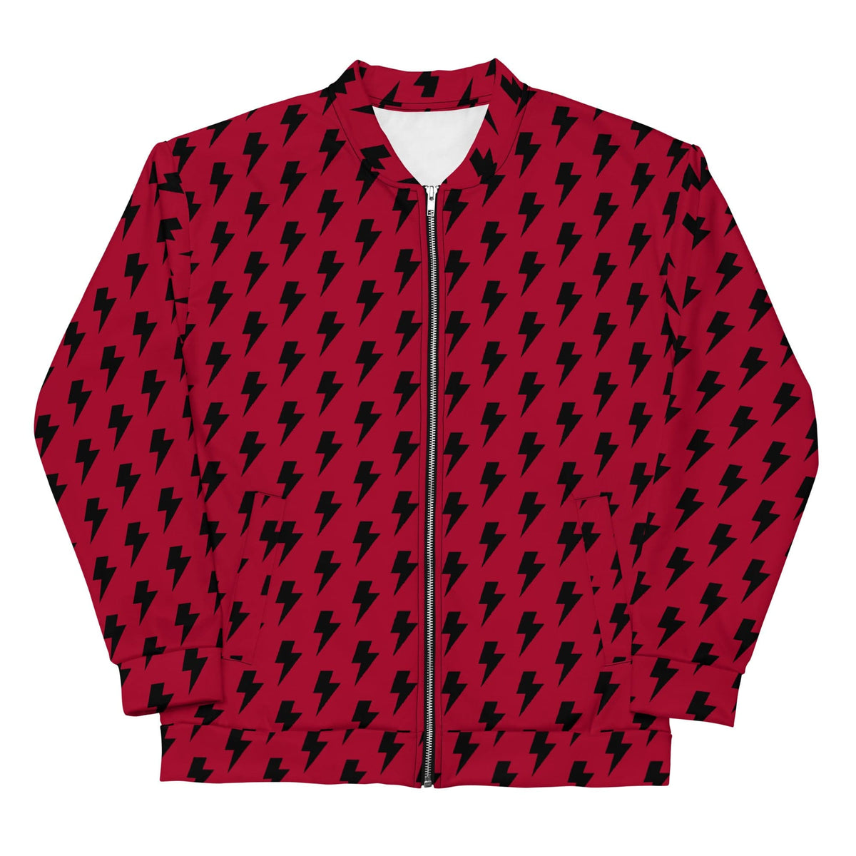Red and black lightning print bomber jacket, full front zip, ribbed collar and cuffs