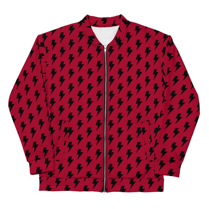 Red and black lightning print bomber jacket, full front zip, ribbed collar and cuffs