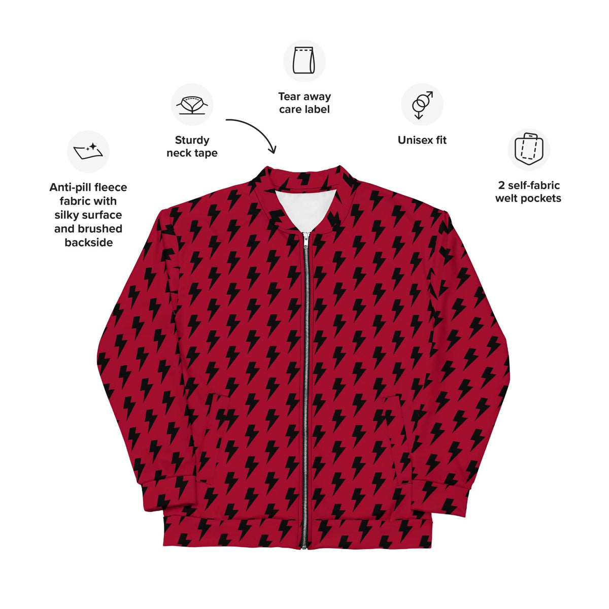Red lightning print unisex bomber jacket with zip front and welt pockets, ribbed trim