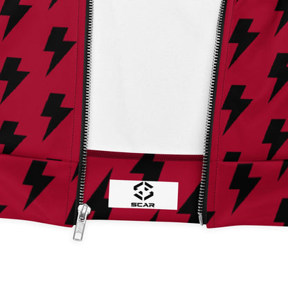 Red unisex bomber jacket with black lightning print and front zipper