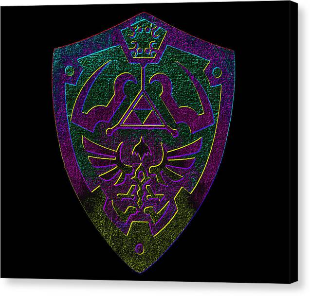 Colorful shield emblem canvas print with purple-green gamer logo, stretched on dark edges