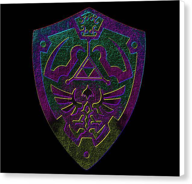 Colorful shield emblem canvas print with purple-green gamer logo, stretched with white edge border