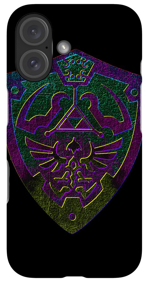 Black phone case with neon shield emblem in purple and green, dual camera visible.