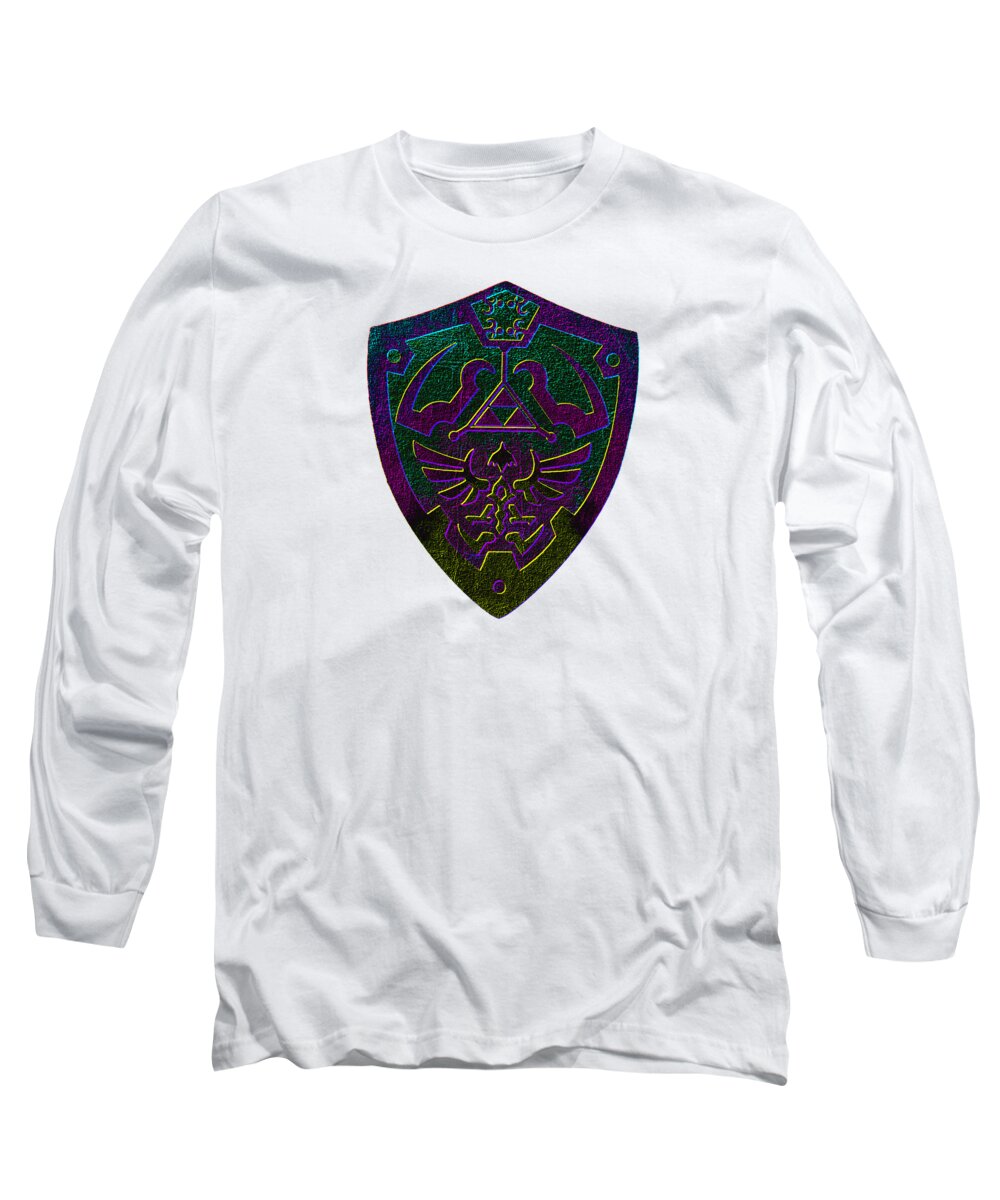 White long sleeve T-shirt with purple-green shield graphic on chest.