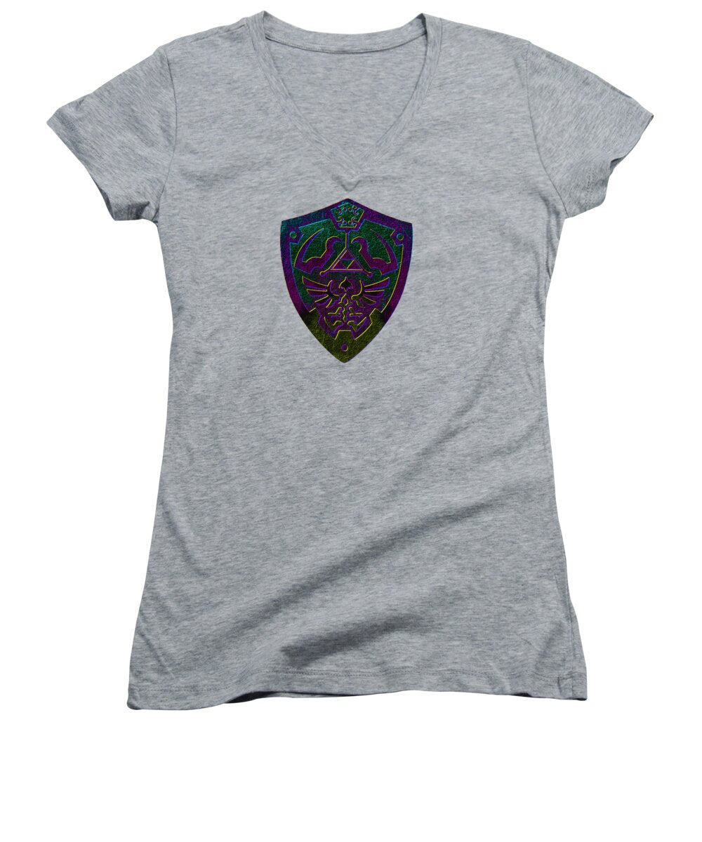 Women's heather gray V-neck T-shirt with colorful shield graphic on chest