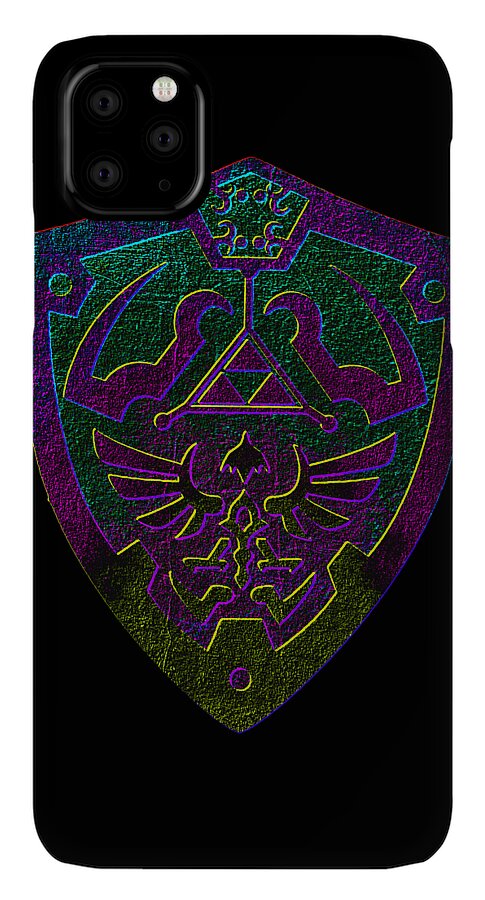 Black phone case with iridescent purple and green shield emblem, visible camera module