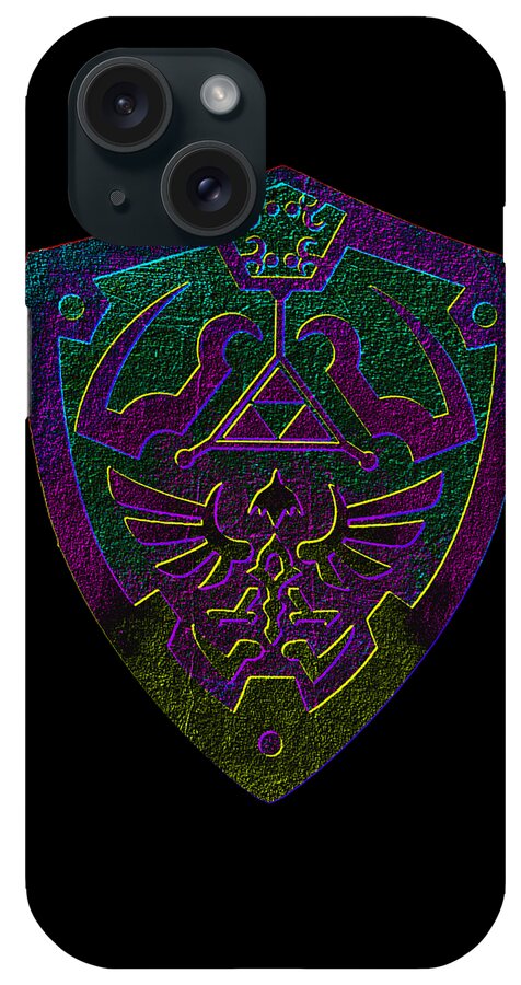 Black phone case with purple-green holographic winged crest and small top emblem