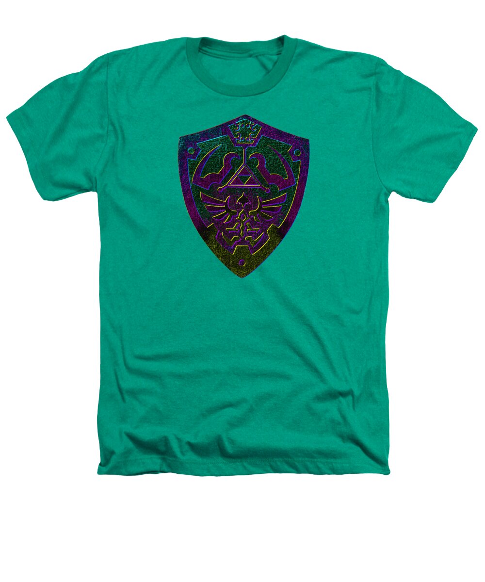 Heathered green T-shirt with colorful shield graphic on the chest