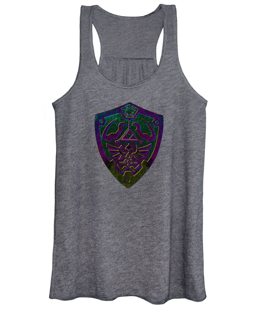 Women's heather gray tank top with purple-green shield graphic
