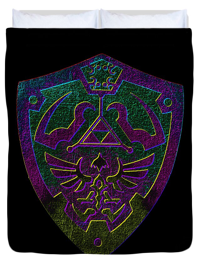 Black duvet cover featuring centered shield emblem in purple, green, and gold tones