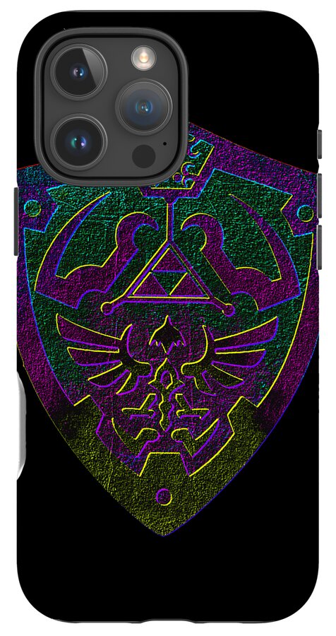 Black phone case with purple and green holographic winged crest and central triangle