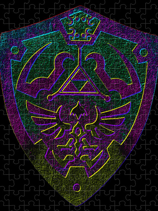 Shield-shaped puzzle with neon multicolor gaming emblem and trident center