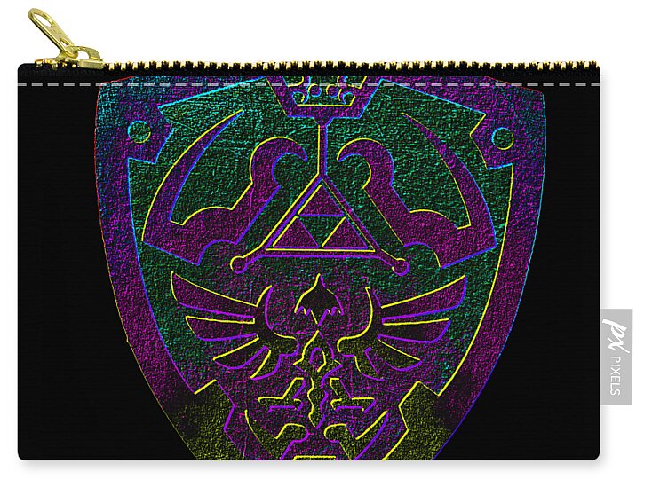 Black zip pouch with colorful neon shield graphic and gold zipper pull.