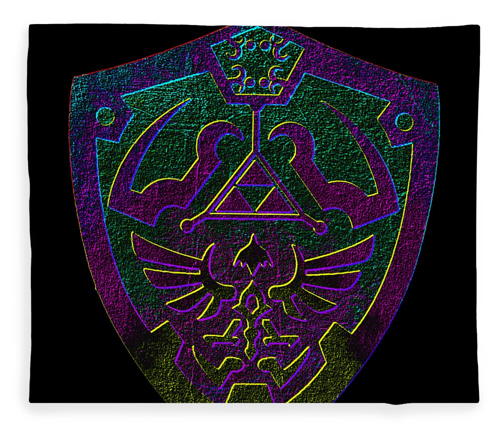 Dark plush fleece blanket with purple and green shield emblem graphic, full design.