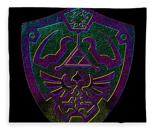 Dark plush fleece blanket with purple and green shield emblem graphic, full design.