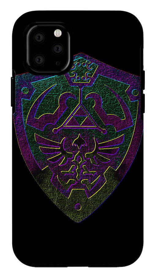 Black phone case with iridescent purple and green shield emblem, rear camera openings