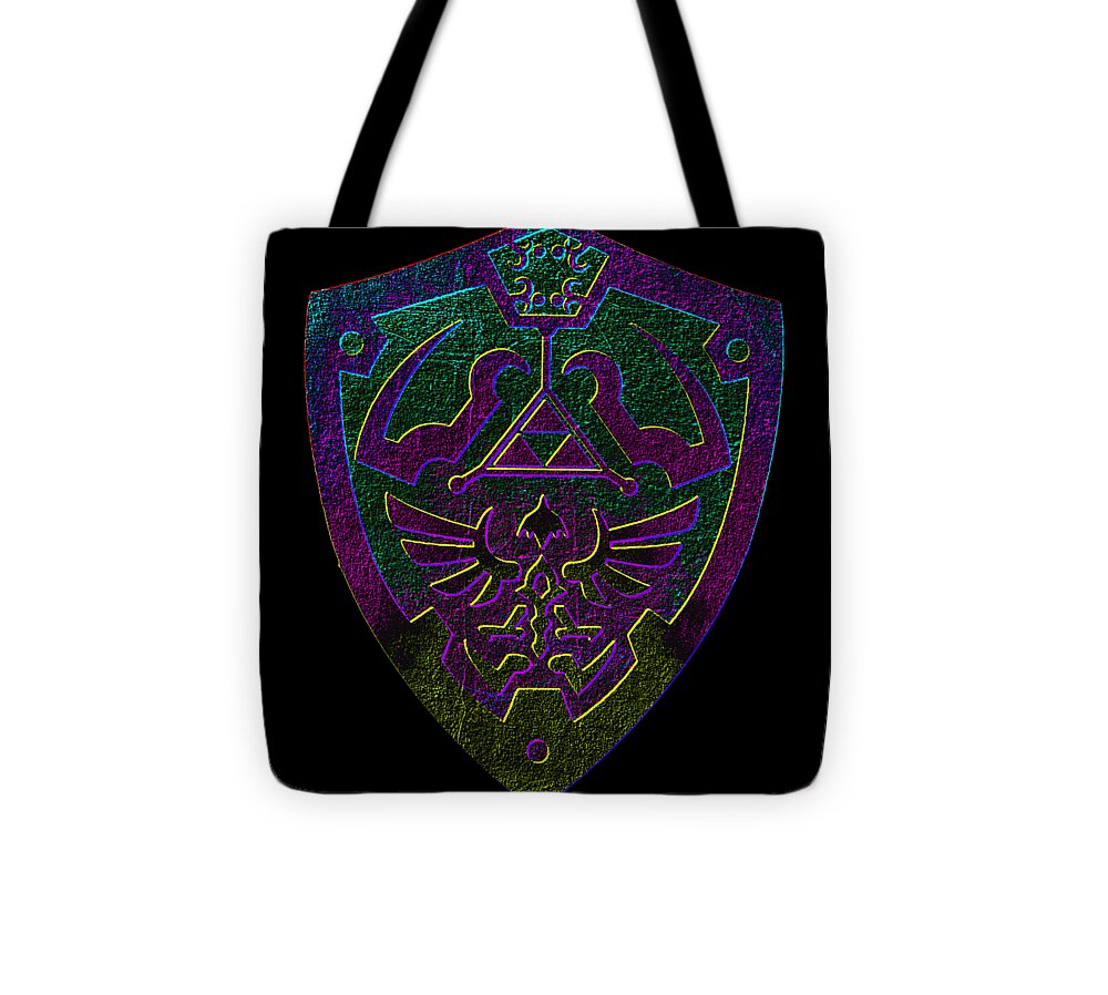 Black tote bag with shield gaming emblem in purple and green