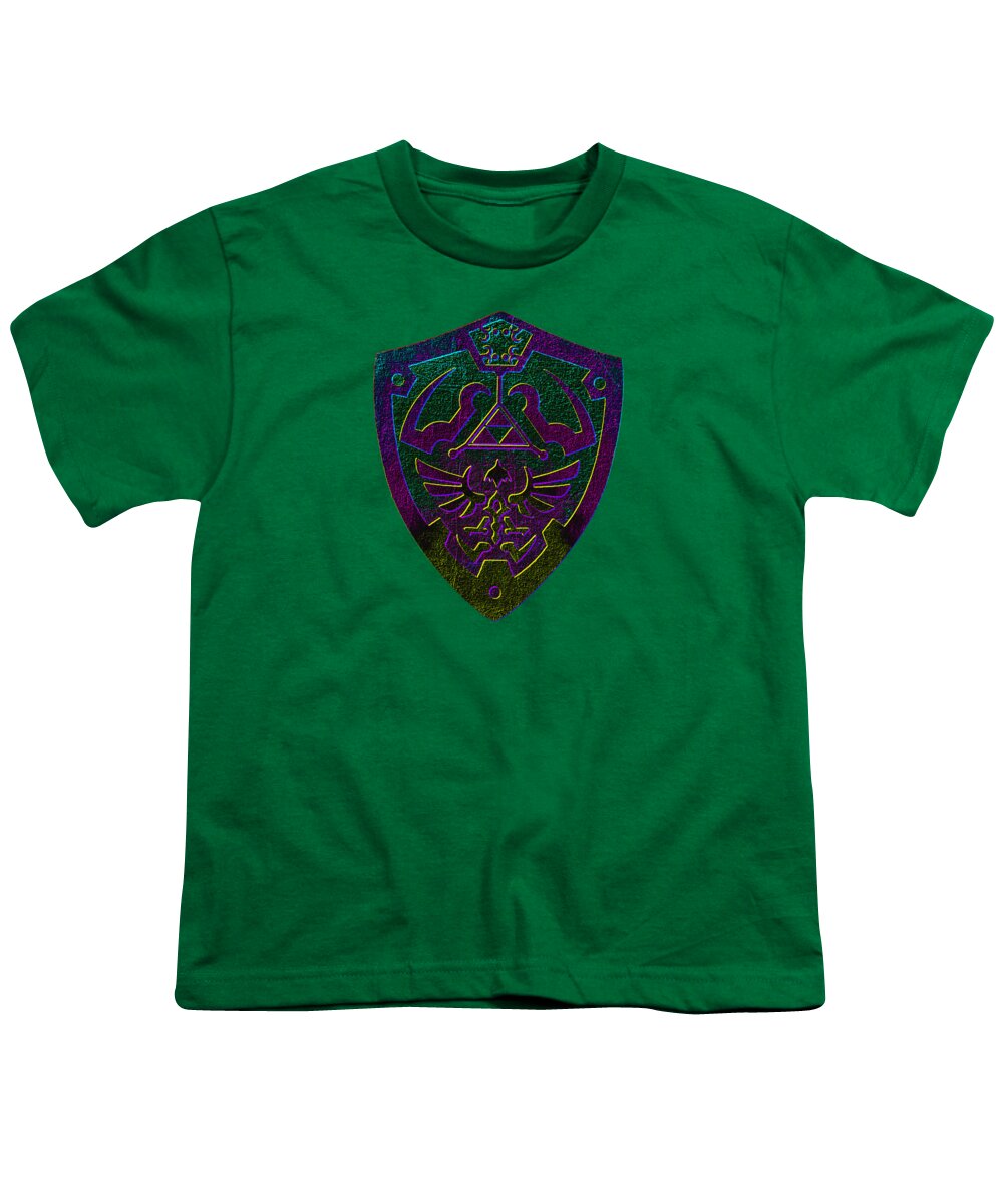 Green youth t-shirt with crew neck and colorful shield graphic on chest