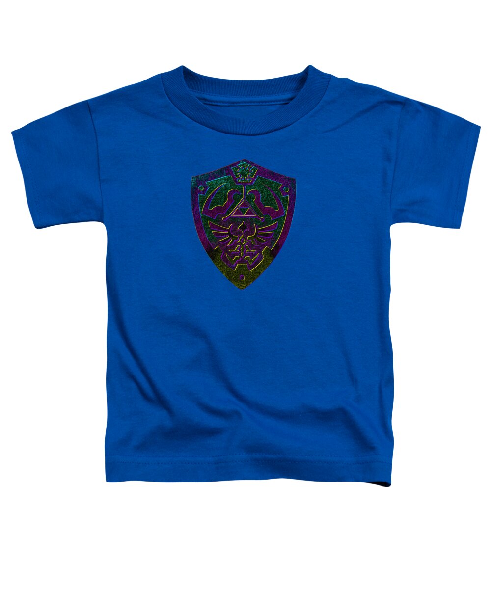 Toddler T-shirt in blue with colorful shield graphic on the chest
