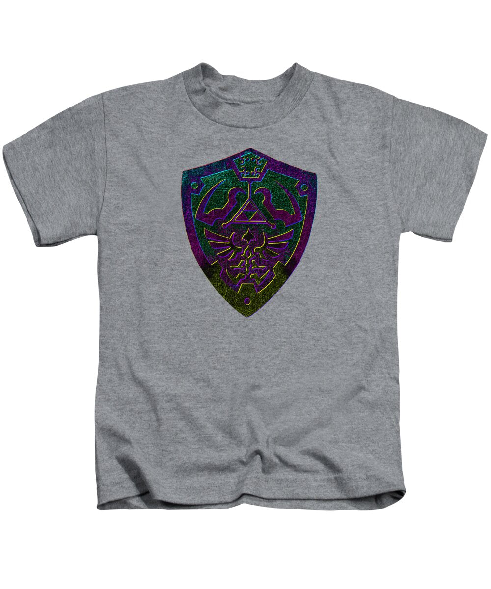 Kids heather gray T-shirt with purple-green shield front graphic.