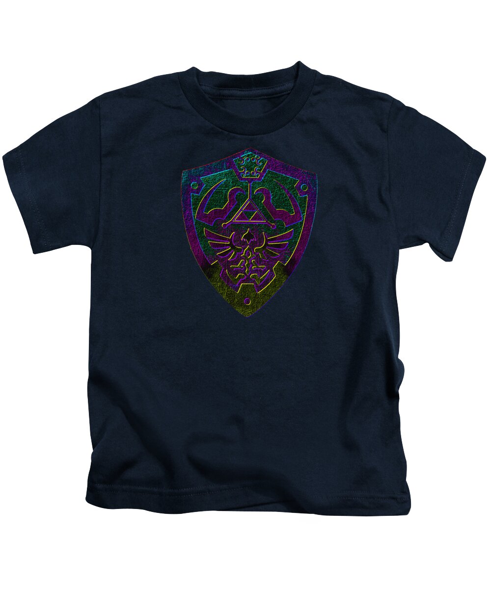 Kids navy T-shirt with purple-green shield front graphic.