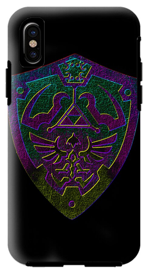 Black phone case with neon purple-green crest shield emblem and rear camera opening.