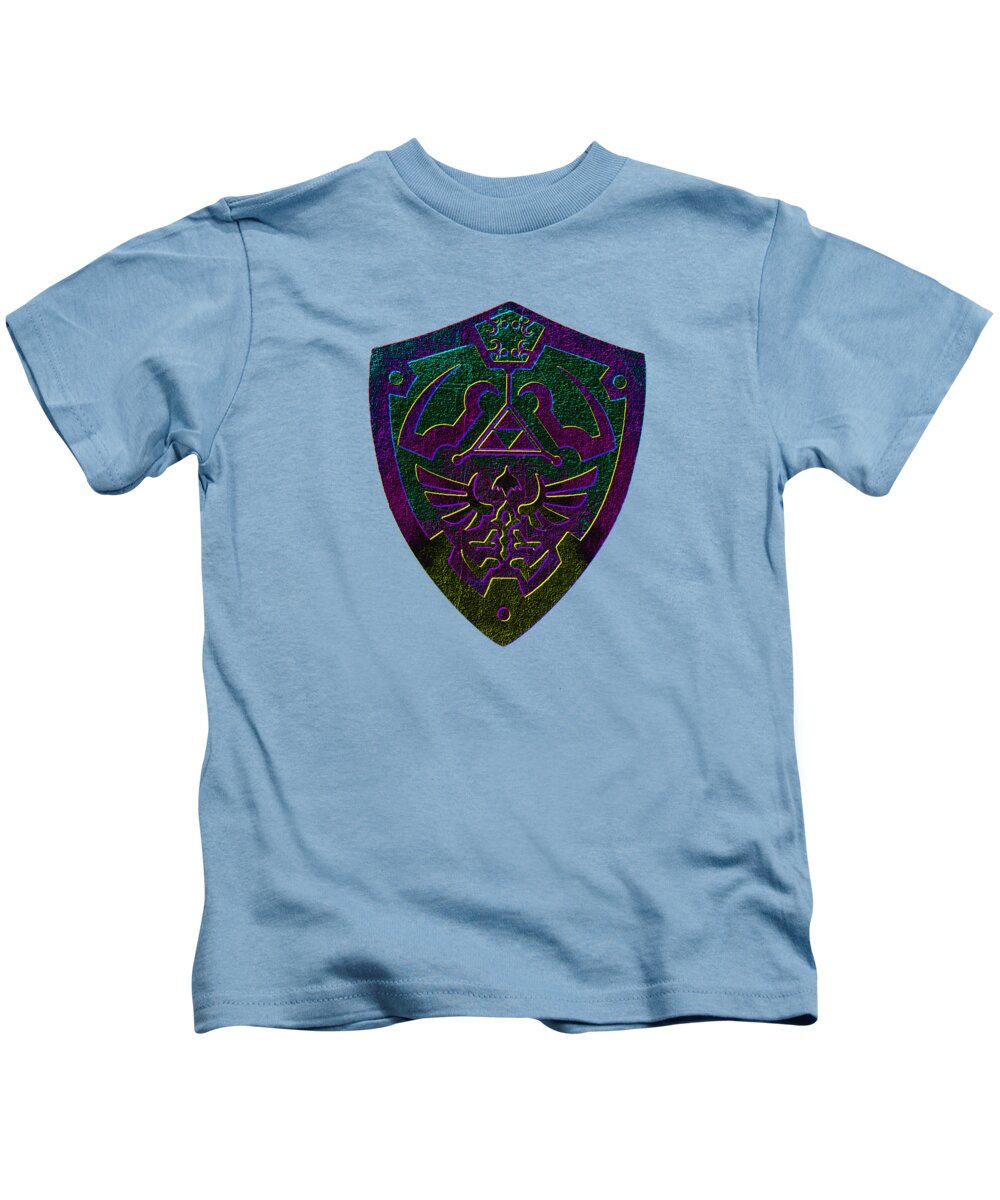 Kids light blue T-shirt with purple-green shield front graphic.