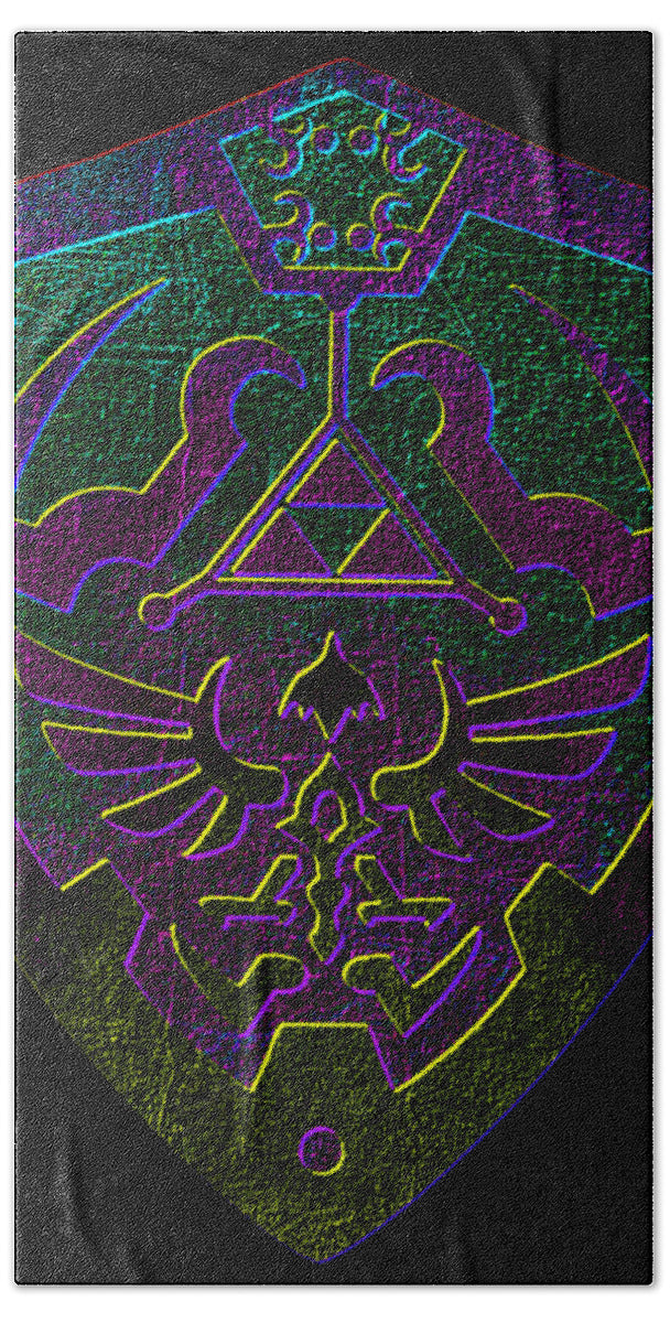 Bath towel with dark gray base and neon purple, teal Link-style shield graphic