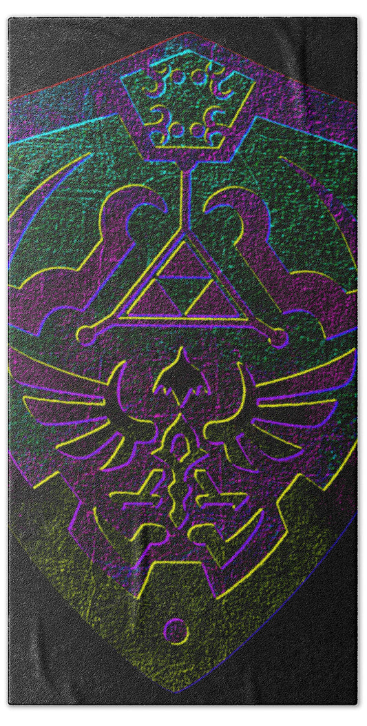 Bath towel with dark gray base and neon purple, teal Link-style shield graphic