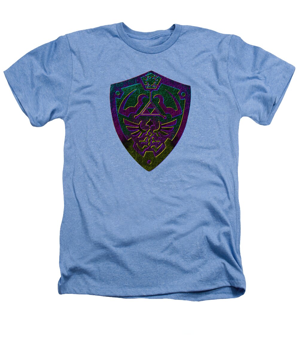 Heathered light blue T-shirt with colorful shield graphic on the chest