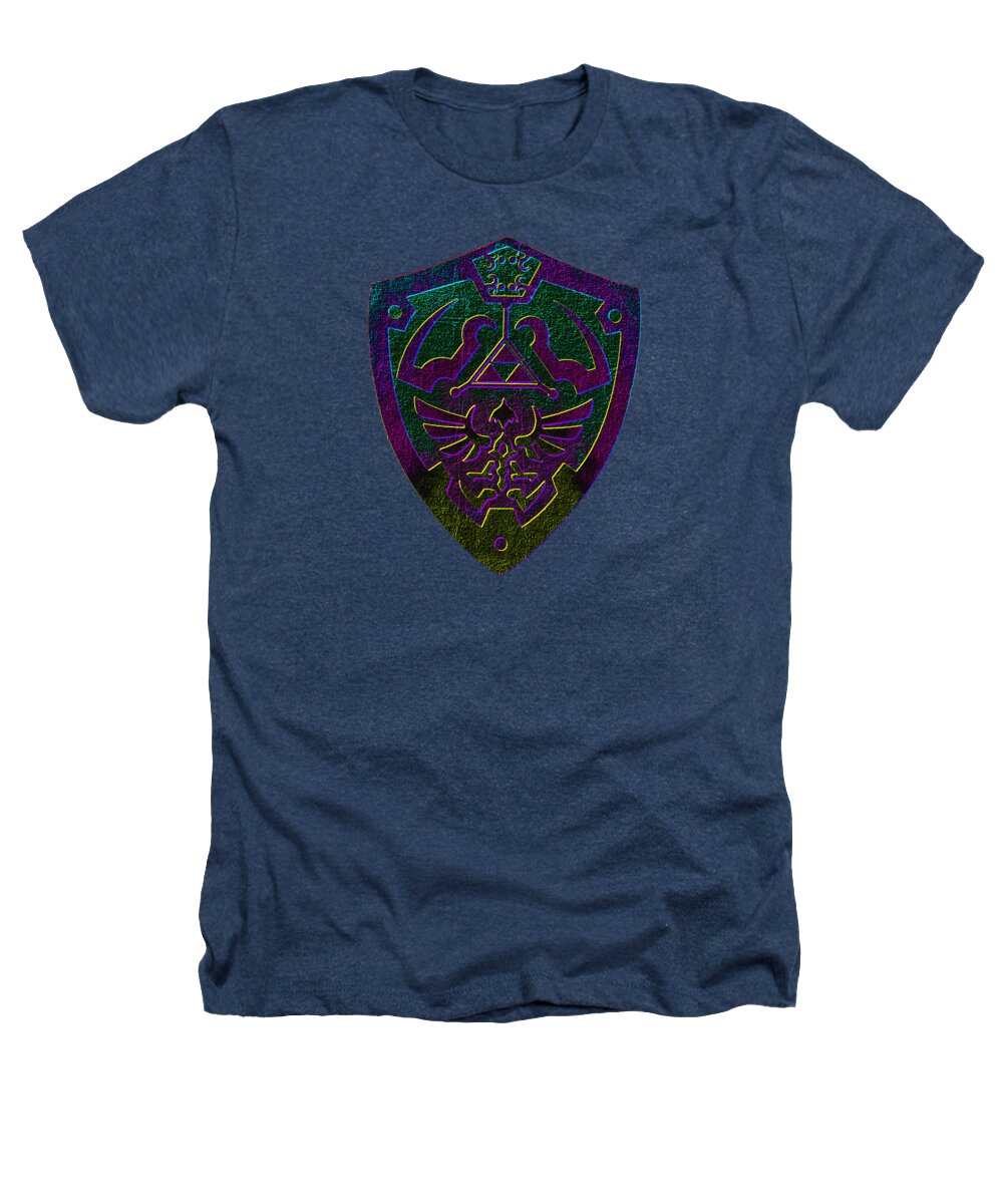 Heathered navy T-shirt with colorful shield graphic on the chest