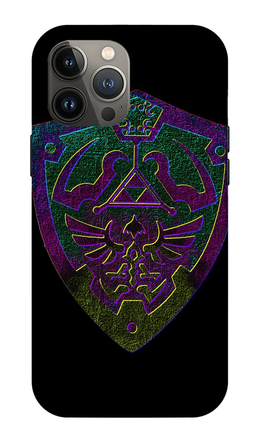 Phone case with gray back and purple-green shield emblem with trident, quad-camera module