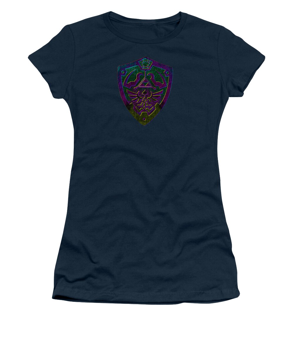Women's navy T-shirt with colorful shield logo graphic on the chest